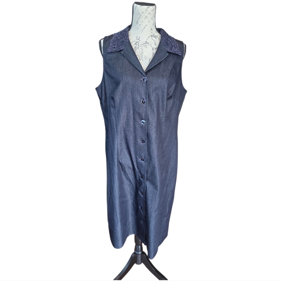 John Roberts Navy Black Embroidered Sleeveless Button Front Dress 16 - Picture 4 of 9